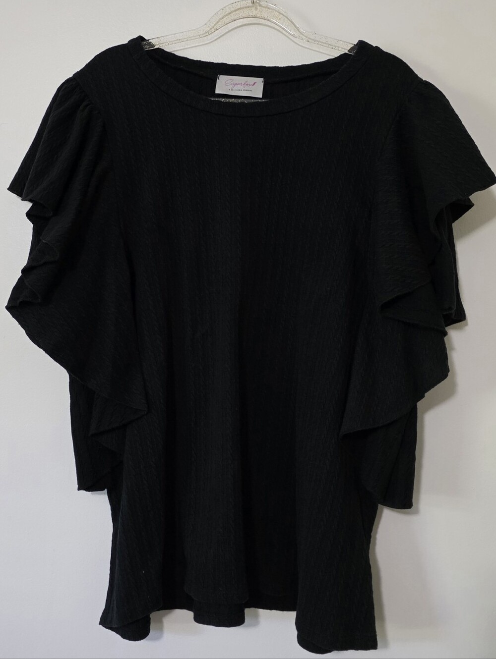 Sugarfox Ruffle Flutter Sleeve Black Textured Top Romantic Boho Chic Size XL